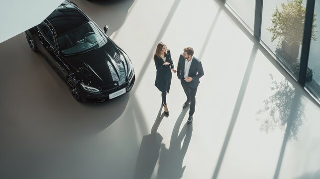 Saleswoman showing a new black car to a potential customer in a car dealership, discussing features and financing options in a well lit showroom