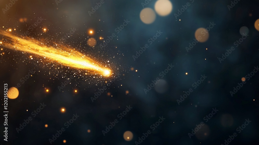 Poster golden comet streaking through a dark cosmic space filled with glowing particles and distant bokeh l