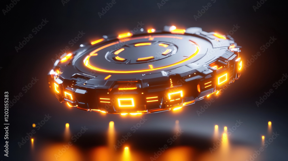 Poster futuristic 3D visualization of hovering spacecraft with glowing orange lights, showcasing advanced technology and sleek design