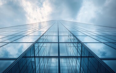 Obraz premium Majestic Perspective of a Modern Skyscraper Reflecting the Clouds Underneath a Brooding Sky Exuding an Atmosphere of Urban Sophistication and Architectural Brilliance
