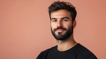 Obraz premium Portrait of confident male model with stylish beard posing on salmon background