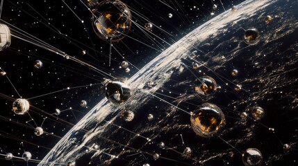 Global network connection, golden spheres orbiting Earth.