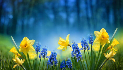 Obraz premium yellow daffodil and bluebells vegetation over green spring historical past with replica space
