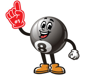 Billiard Ball with Foam finger,       Cartoon Character Mascot Illustration Vector Clip-art Hand-drawn Logo Design