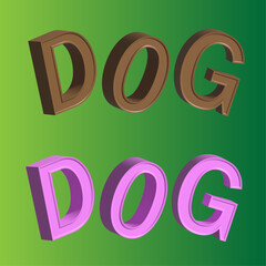Color 3D text dog. Template. Funny children holidays text. Big text dog. Color text pink and brown. Green gradient background