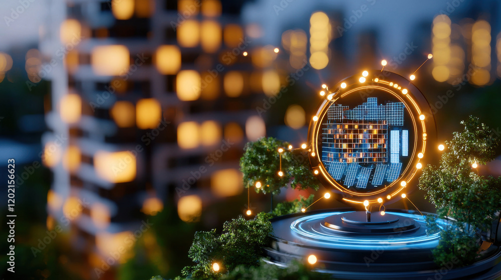 Fototapete futuristic energy efficient cityscape with glowing data visualization and greenery. image showcases 