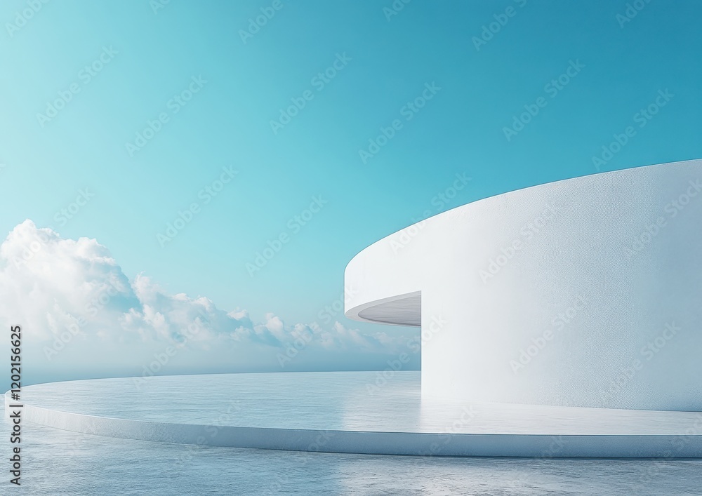 Poster minimalist architectural design featuring a modern circular structure against a serene blue sky with