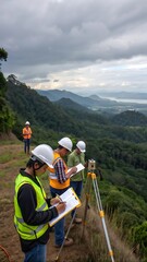Team of Surveyors Conducting Fieldwork on Scenic Hilltop