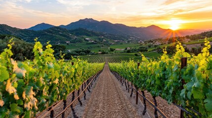Obraz premium Sunset over vineyard rows, mountain landscape, wine region