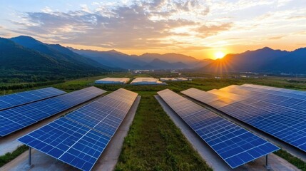Sunset over solar farm in mountain valley