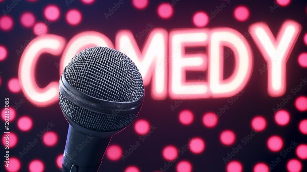 Poster microphone is ready for a comedian or singer to perform a live comedy show on stage with a neon sign