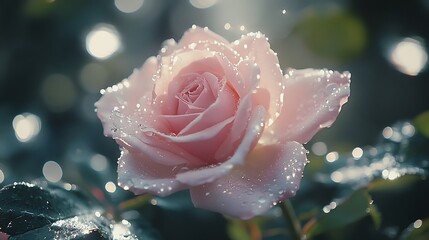 A delicate pink rose in a garden, the petals soft and velvety, gently touched by the morning dew
