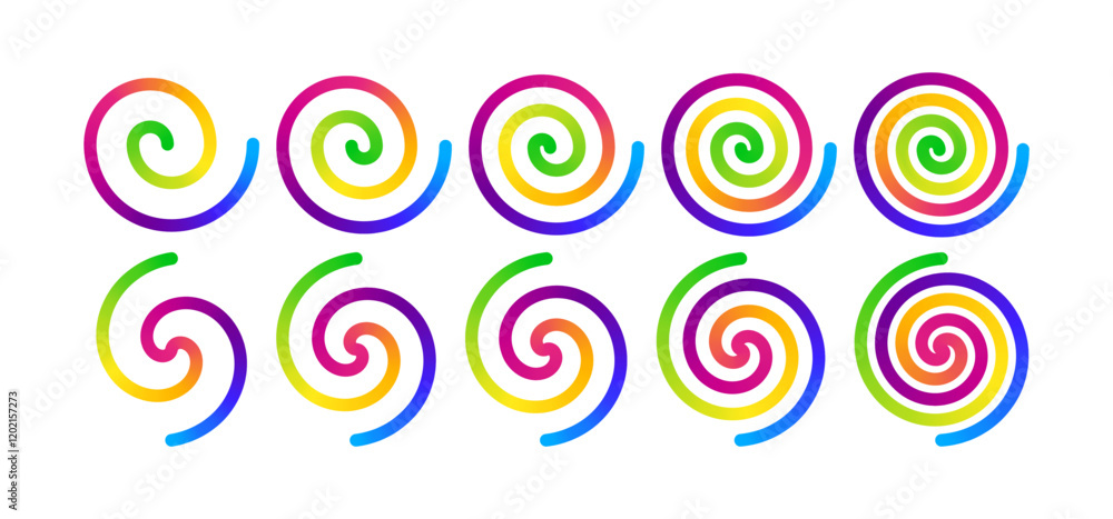 Poster Rainbow Spiral Set. Vector Circle Spiral Logo with Gradient. Swirl Icon Symbol. Abstract Twirl Hypnotic Shapes.