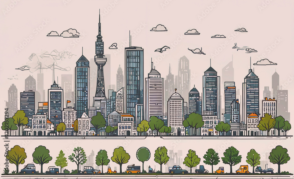 Poster a city skyline with a large building in the middle and a tall tower. the sky is cloudy and the city 