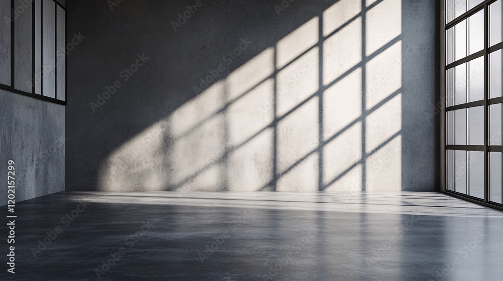 Poster empty industrial room with sunlight casting shadows from window