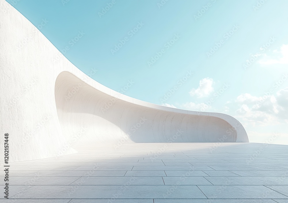Poster modern abstract architecture with smooth curves and bright sky, featuring a minimalist design that e