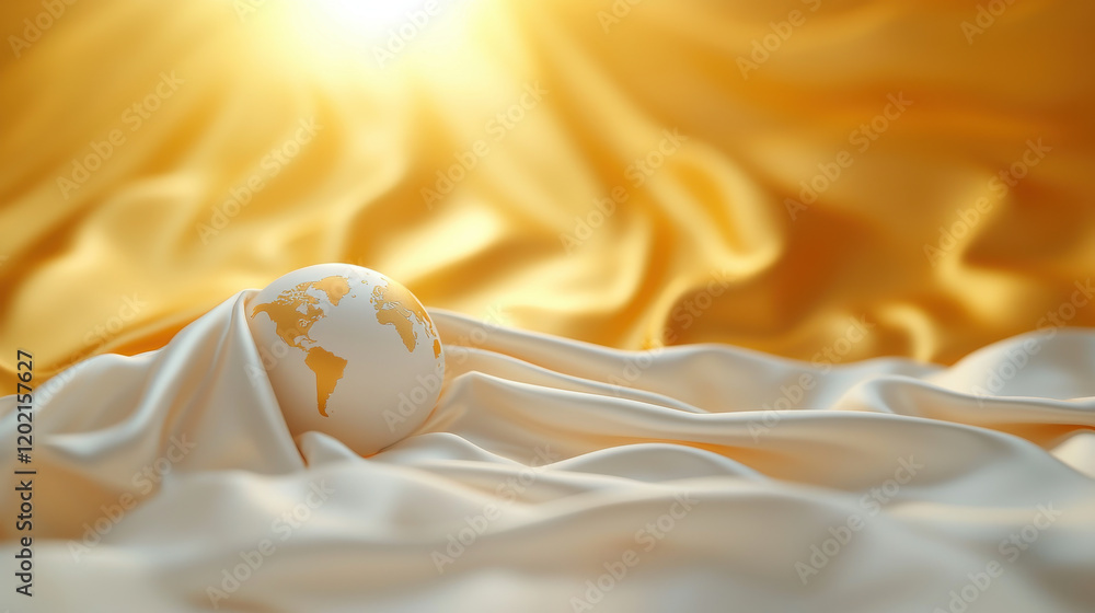 Poster globe resting on soft, golden fabric, symbolizing global unity and warmth. sunlight enhances serene atmosphere, creating peaceful and inviting scene