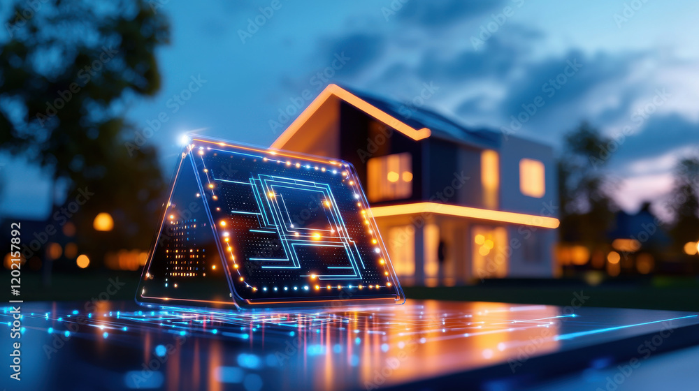 Fototapete futuristic smart home concept featuring glowing circuit board design in foreground, showcasing advan