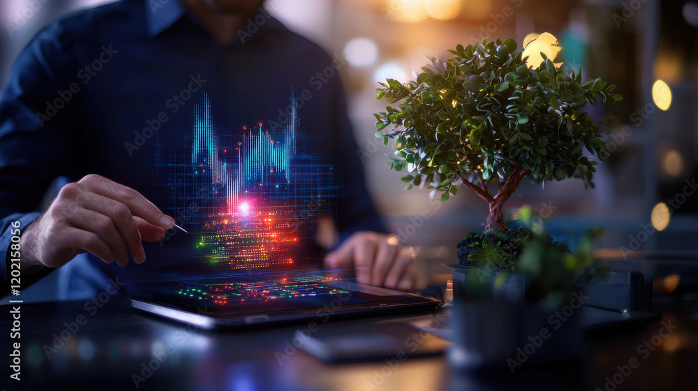 Fototapete person interacting with digital tablet displaying colorful data visualizations, surrounded by plants