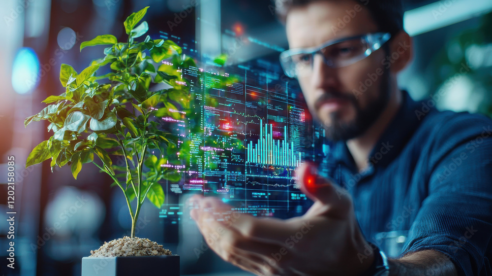Aufkleber man in glasses interacts with digital data while examining plant, showcasing fusion of technology an