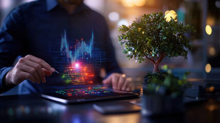 person interacting with digital tablet displaying colorful data visualizations, surrounded by plants in modern workspace