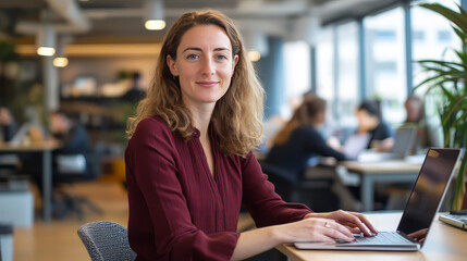 Fototapeta premium young woman holding a tablet in both hands, looking confidently at the camera