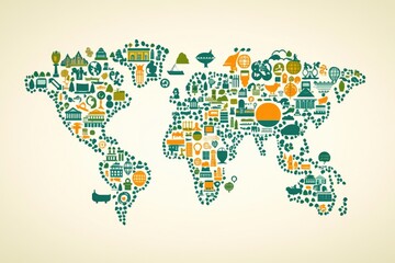Fototapeta premium Colorful World Map of Environmental and Cultural Icons in Creative Infographic Style