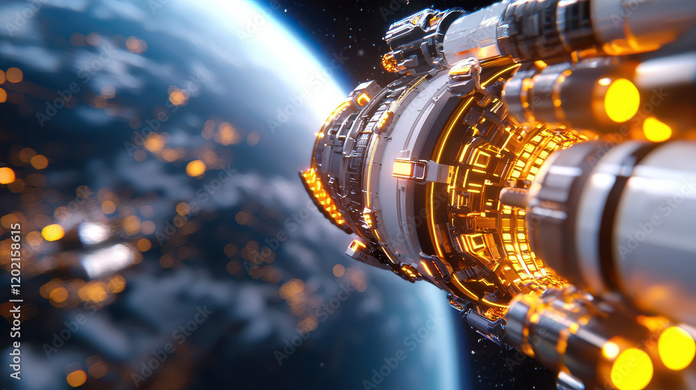 Poster cinematic 3d render of futuristic spacecraft approaching earth, showcasing intricate details and glo