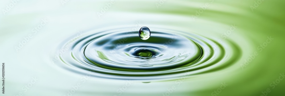 Poster single drop falling into calm water surface, creating concentric ripples and a crown splash, with gr