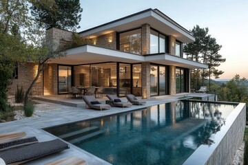 Fototapeta premium luxurious modern villa with infinity pool, seamless indoor-outdoor living spaces, minimal design with natural materials and panoramic views