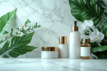 luxury skincare products on white marble surface, soft diffused lighting, minimal composition with orchid flower accent, professional product photography