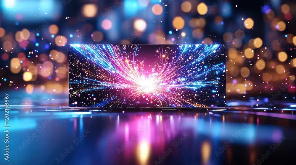Poster vibrant holographic display system with colorful light bursts and sparkling effects, creating dynamic visual experience