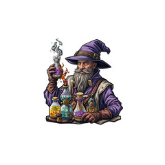 The Alchemist's Brew:  A seasoned wizard with a flowing white beard peers intently at a bubbling concoction in a glass vial.  Surrounded by an assortment of glowing potions.