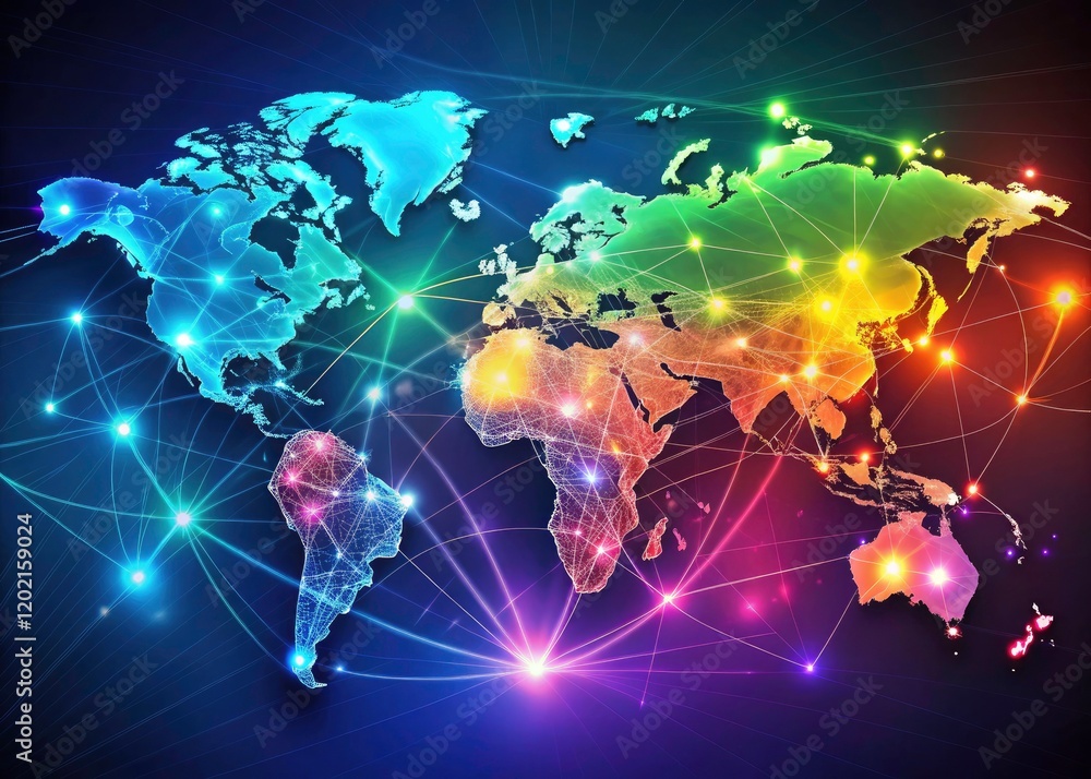 Poster digital communication fuels global interconnectivity, represented by a network map visualizing world