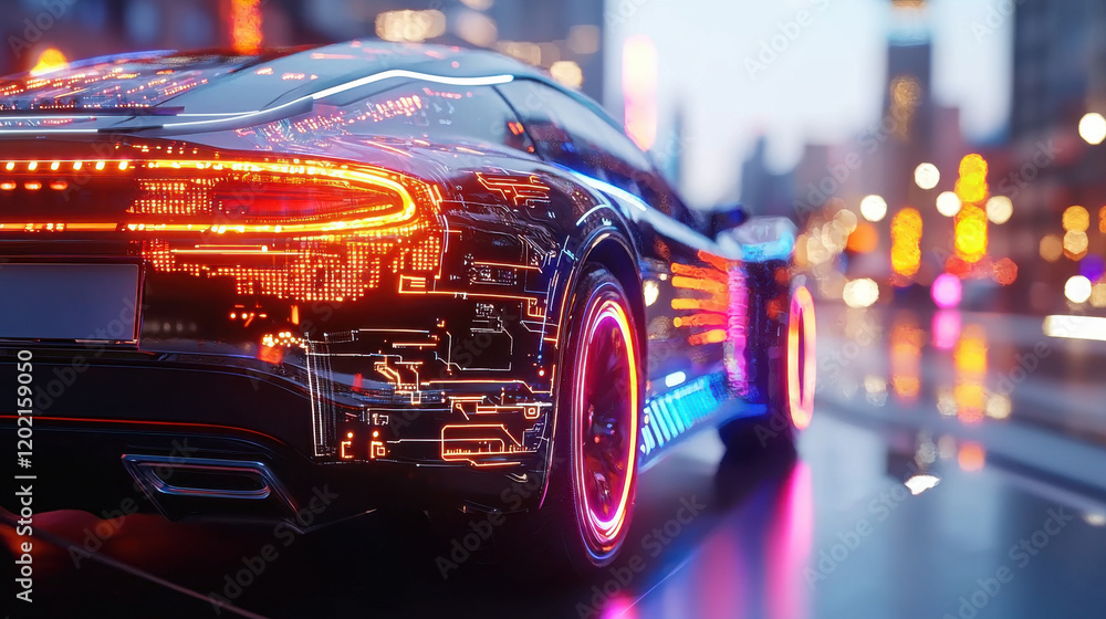 Aufkleber futuristic autonomous car with glowing circuit patterns, parked in vibrant city at night. illuminate