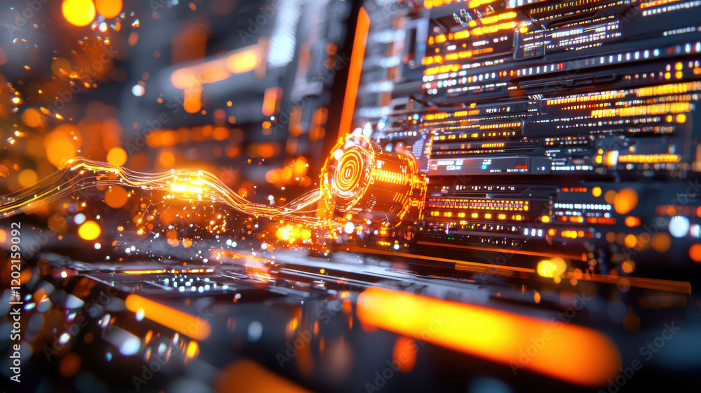 Poster cinematic 3d visualization of futuristic data center with glowing circuits and vibrant lights, showc