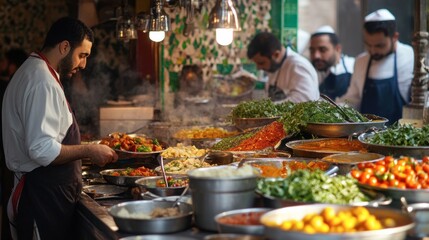 A bustling kitchen filled with people preparing traditional Ramadan food