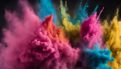 Colored powder explosion. Abstract closeup dust on backdrop. Colorful explode. Paint holi