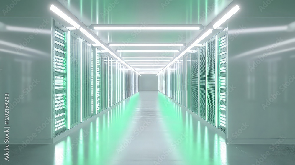 Poster an empty server corridor with a clean, minimal design, lit by soft green and white led lights on the