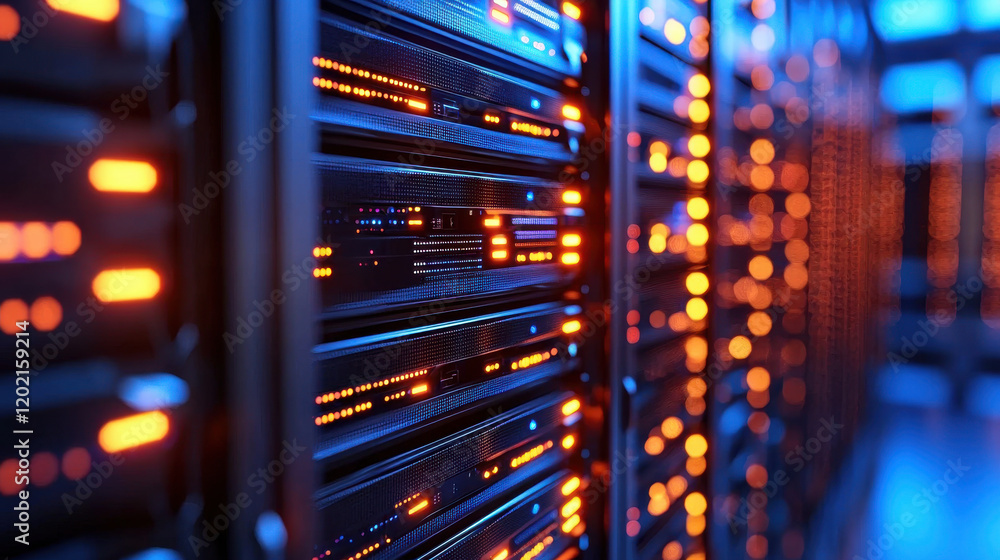 Poster Futuristic data center with illuminated servers and technology. vibrant lights create dynamic atmosphere, showcasing advanced computing capabilities and modern infrastructure