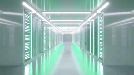 An empty server corridor with a clean, minimal design, lit by soft green and white LED lights on the server racks. The lights reflect gently off the floor, creating a sterile, futuristic look.