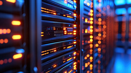 Futuristic data center with illuminated servers and technology. vibrant lights create dynamic atmosphere, showcasing advanced computing capabilities and modern infrastructure