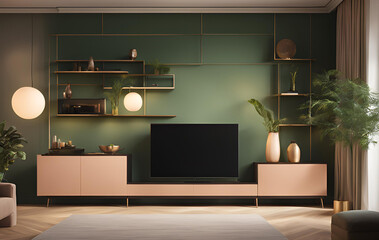 A living room with a tv on the wall and a green shelf with pictures on it, A flat screen tv is above a coffee table with a blue chair and a blue chair, A living room with a tv and a red