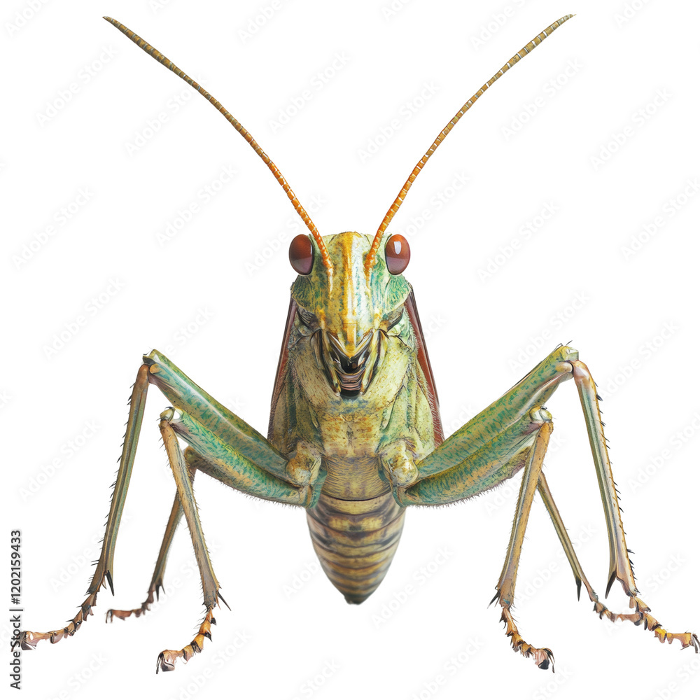 Poster a detailed close-up photograph showcases a vibrant grasshopper with intricate details and striking c