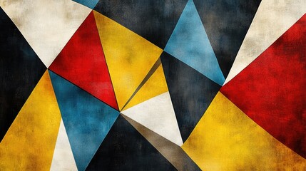 Dynamic Abstract Geometric Art with Red, Yellow, and Blue Triangles on Textured Background
