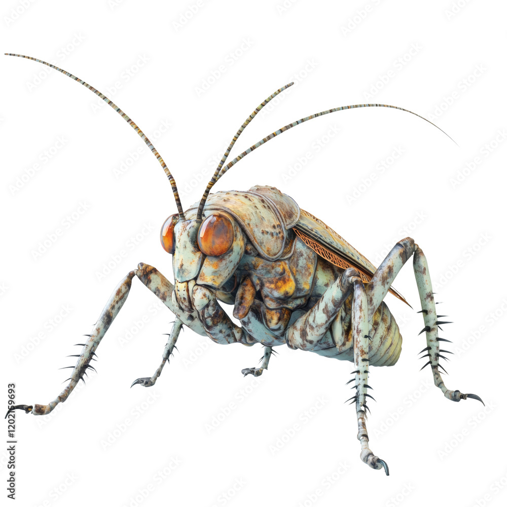 Poster A detailed 3D rendering of a large, metallic insect with a weathered appearance, showcasing intricate details and sharp claws.