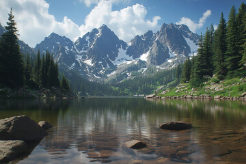 A breathtaking mountain landscape with snow-capped peaks and a crystal-clear lake in the foreground
