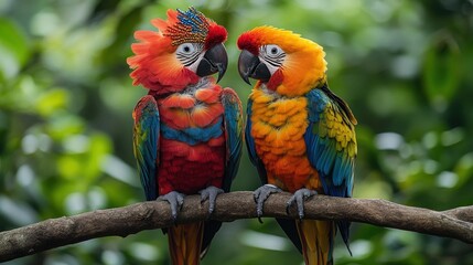 Obraz premium Two macaws perched on branch, rainforest background, wildlife