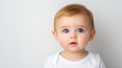 Naklejka premium Close-Up Portrait of Infant Wearing Cochlear Implant in White Shirt Against Plain Background