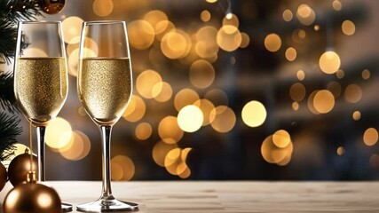 Sparkling Celebration: A toast to the New Year! Two crystal glasses of champagne stand tall against a backdrop of twinkling lights and festive decor, symbolizing celebration and joy.